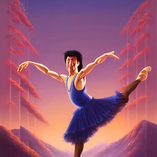 Image similar to a beautiful scenic painting of young jackie chan dancing ballet, by artgerm and wlop and wes anderson and spike jonze