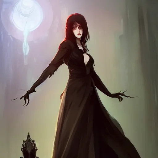 Image similar to female human vampire witch in the style of greg rutkowski, makoto shinkai, trending on artstation, character design, concept art, pretty face, highly detailed, long black hair, portrait, digital art