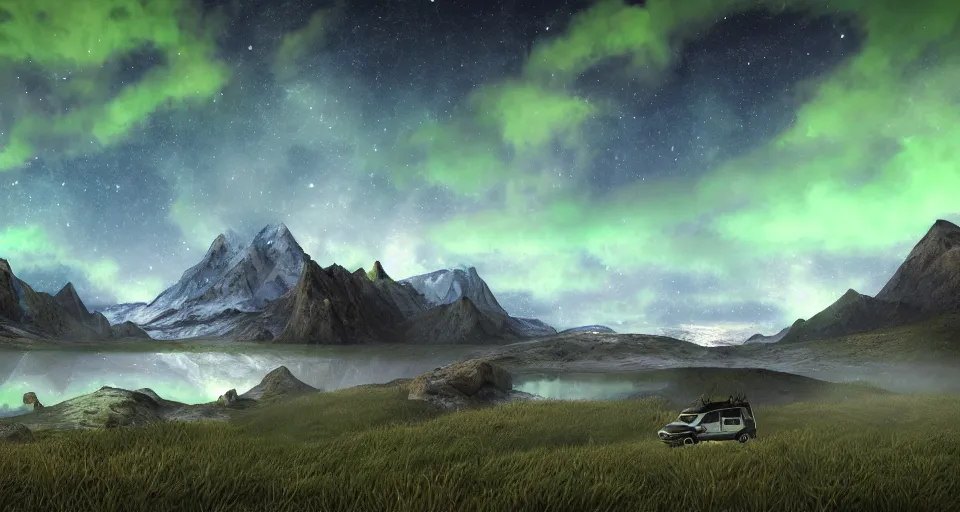 Image similar to An epic fantasy style landscape painting of a Mountainrange and a lake, with a starry sky and milkyway and breathtaking aurora and a beige Volkswagen Caddy Campervan 4x4, a glacier can be seen in the distance, unreal 5, DAZ, hyperrealistic, octane render, volumetric clouds dynamic lighting