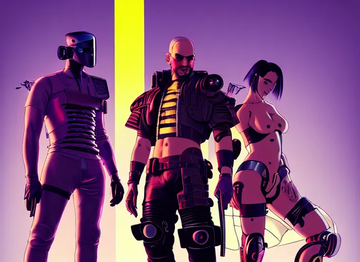 Image similar to cyberpunk samurai team. portrait by stonehouse and mœbius and will eisner and gil elvgren and pixar. character design. realistic proportions. cyberpunk 2 0 7 7 character art, blade runner 2 0 4 9 concept art. cel shading. attractive face. thick lines. the team. diverse characters. artstationhq.