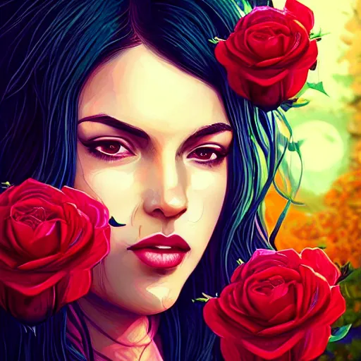 Image similar to beautiful charming goddess of sunshine and roses, inspired by stephanie beatriz and ruby rose, character art portrait, deviantart artstation, by alena aenami, by michael whelan, behance hd, bokeh