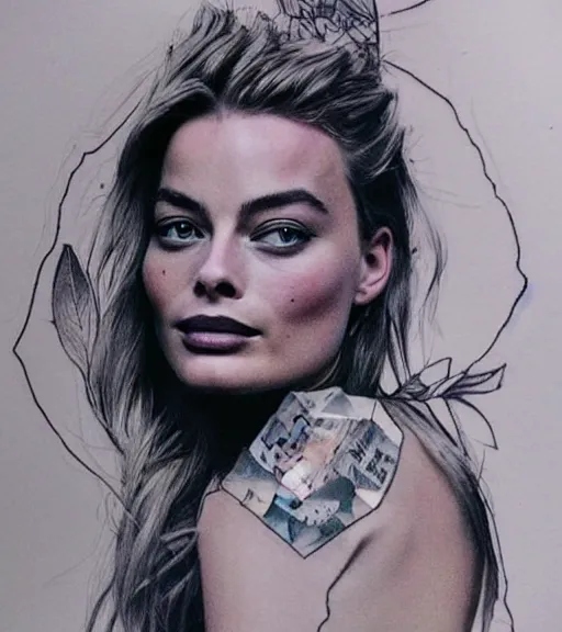 Image similar to tattoo design sketch double exposure of margot robbie with beautiful mountain scenery mash up, in the style of arlo dicristina, surrealist, amazing detail, sharp