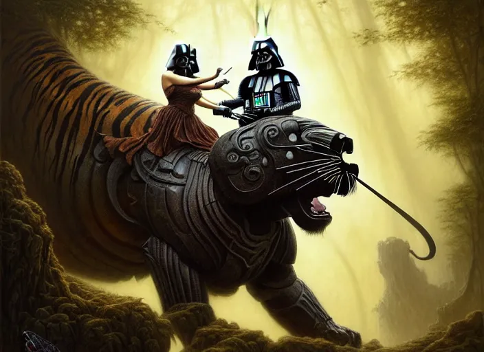 Prompt: romantic portrait shot of darth vader riding a tiger through the jungle intricate, elegant, highly detailed, centered, digital painting, artstation, concept art, smooth, sharp focus, illustration, artgerm, tomasz alen kopera, peter mohrbacher, donato giancola, joseph christian leyendecker, wlop, boris vallejo