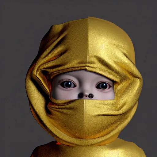 Image similar to a high tech 3 d rendering of a a baby cherub angel wearing a balaclava face mask, ski mask, face covered, covered face, fixed eyes, tattoos, multiple gold cuban chain necklace, concept art octane render, blender, cinema 4 d