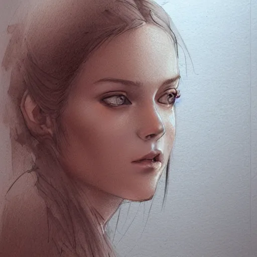 Image similar to sketch of a beautiful young woman, pencil art, ink and pencil, hyperrealistic, hyperdetailled, digital art, greg rutkowski, artstation, 8 k, beautiful drawing, paper texture, spray paint, watercolors