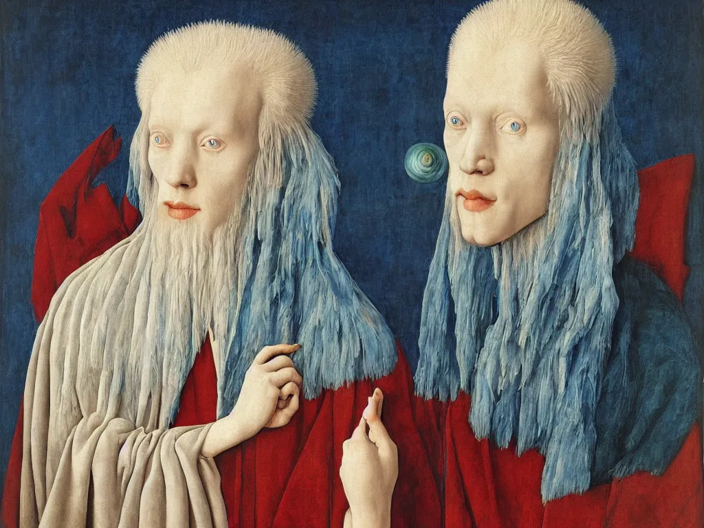 Image similar to Portrait of albino mystic with blue eyes, with exotic beautiful diatom. Painting by Jan van Eyck, Audubon, Rene Magritte, Agnes Pelton, Max Ernst, Walton Ford