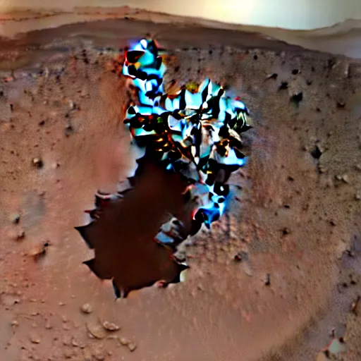 Prompt: a mars rover selfie with a martian photo - bombing behind it