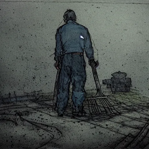 Image similar to a man with a shovel standing next to an open grave with a body in it, subtle blue, orange, and dark green tones, high quality, high detail, dark colors, sinister atmosphere, dramatic lighting, cinematic, establishing shot, extremely high detail, photo realistic, cinematic lighting, pen and ink, intricate line drawings, by Yoshitaka Amano, Ruan Jia, Kentaro Miura, Artgerm, post processed, concept art, artstation, matte painting, style by eddie mendoza, raphael lacoste, alex ross