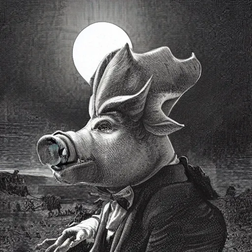 Image similar to closeup portrait of an evil pig in a tuxedo, dramatic lighting, farm background, moon, chiaroscuro, high detail, illustration by gustave dore