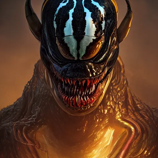 Image similar to portrait of venom, intricate artwork, concept art, octane render, deviantart, cinematic, key art, hyperrealism, iridescent accents, portrait photograph, nikon 3 5 mm, photograph by greg rutkowski