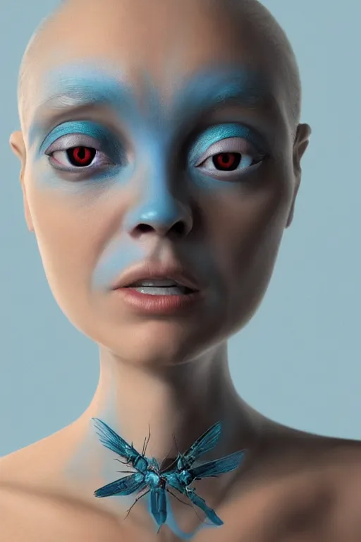 Image similar to beautiful studio portrait of an elegant blue alien woman with insect eyes, wearing an outfit made from plutonium, silicone skin, symmetrical face, piercings resembling plasma jets, by luc besson and denis villeneuve, the 5 th element, hyperrealism, cinematrographic, sharp details, 3 5 mm, f / 2 4, masterpiece, artstation