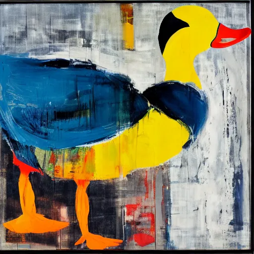 Prompt: a duck on the prowl oil painting robert rauschenberg