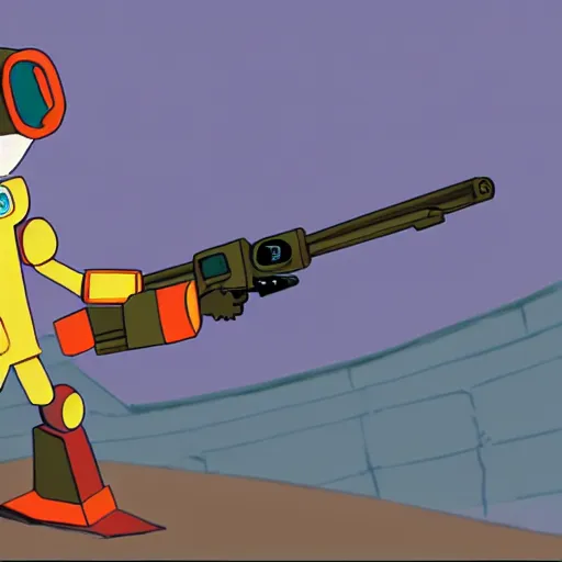 Image similar to canti the robot from flcl anime, he is holding a valorant style sniper rifle in the map haven holding a heaven.