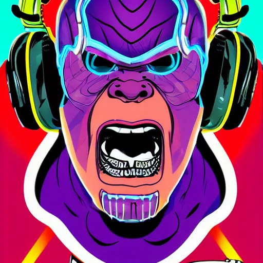 Image similar to artgerm, psychedelic laughing cybertronic thanos, rocking out, headphones dj rave, digital artwork, r. crumb, svg vector