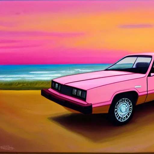 Image similar to an old 1 9 8 0 s car parked off the road, pink sunset, ocean in distance, oil painting, pale colors, high detail, 8 k, wide angle, trending on artstation,