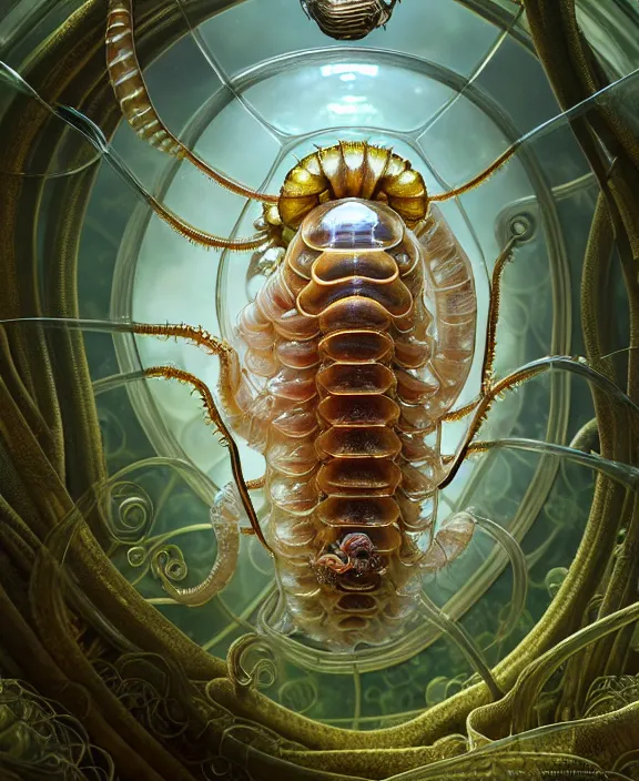 Prompt: intricate ornate opulent transparent clear see - through portrait of a horrific beautiful isopod nautilus snake, fractal, adorable, childlike, overgrown biopunk jungle environment, ultra realistic, concept art, art nouveau, photorealistic, octane render, 8 k, unreal engine. art by christopher marley and artgerm and greg rutkowski and alphonse mucha