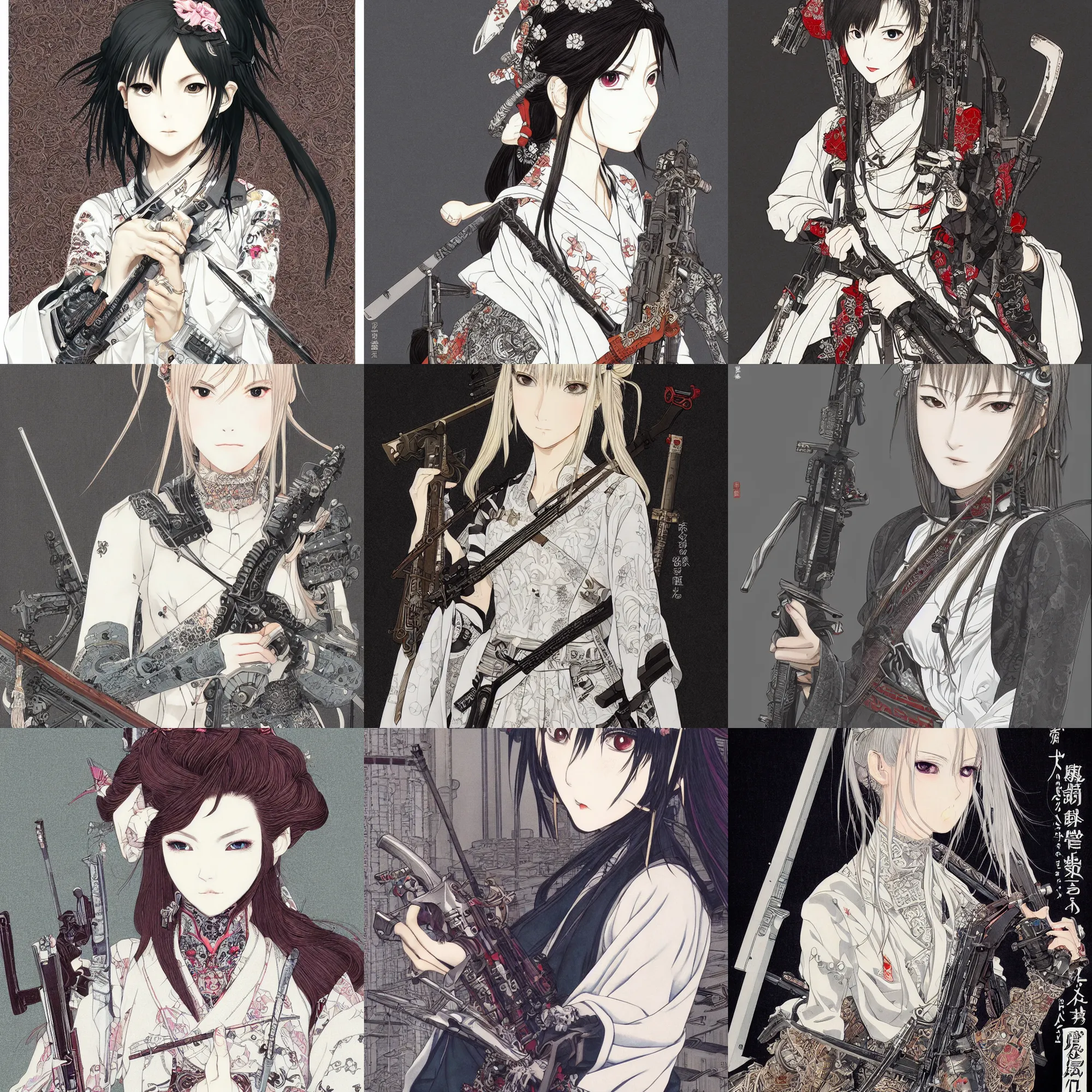 Prompt: cyberpunk hakama princess with swords and rifle, white hime cut hairstyle, by kyoto animation, beautiful, detailed symmetrical close up portrait, intricate complexity, in the style of takato yamamoto, cel shaded