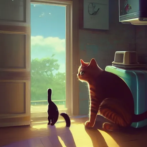 Prompt: a cat exists next to a fridge. cat and man in a room. in the room exists a chair for the man to sit. animal. digital art. artstation. realistic. vibrant. illustration. in the style of pixar movie. octane render. art by makoto shinkai, stanley artgerm lau, wlop, rossdraws. volumetric lighting.