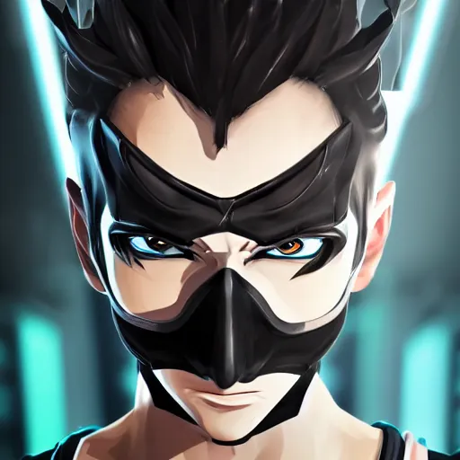 Prompt: detailed guy with mask made in persona style highly detailed, fragile looking character, high quality, 8k, smooth, art, art, detailed face, sharp focus, beautiful scene, neon,