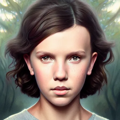 Image similar to millie bobby brown portrait of forest gog, female, clear face, masculine, upper body, muscular, fantasy, intricate, elegant, highly detailed, digital painting, artstation, concept art, matte, sharp focus, illustration, art by artgerm and greg rutkowski and alphonse mucha