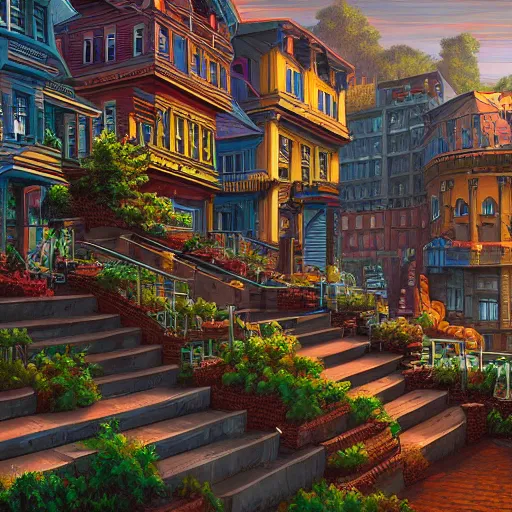 Prompt: a painting of a bunch of buildings with stairs, a detailed matte painting by dan mumford, deviantart contest winner, maximalism, 2 d game art, detailed painting, physically based rendering