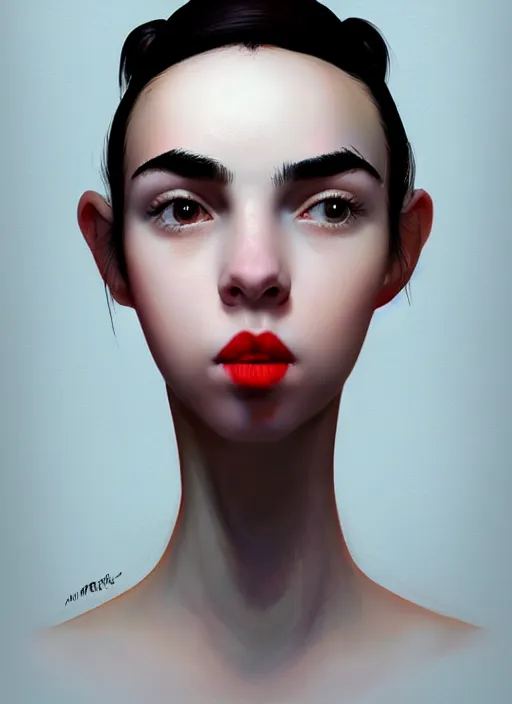 Image similar to portrait of teenage girl, narrow face, black hair and eyebrows, bangs, half updo hairstyle, buck teeth, unattractive, defined jawline, long chin, smile, hair bow, intricate, elegant, glowing lights, highly detailed, digital painting, artstation, concept art, sharp focus, illustration, art by wlop, mars ravelo and greg rutkowski