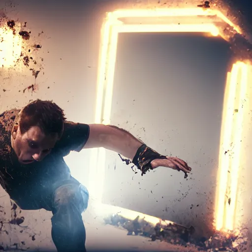 Prompt: incredible cinematic image of young angry man fighting to himself while breaking a large mirror, debris everywhere, studio shot, dynamic lighting, high definition, highly detailed, photo-realistic, unreal engine render, 16k