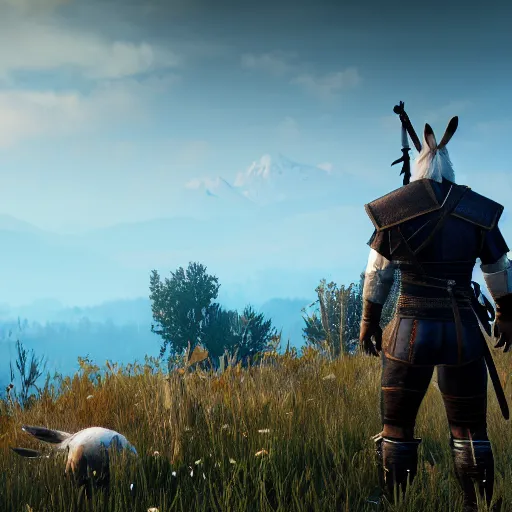 Prompt: a rabbit in the video game Witcher 3
