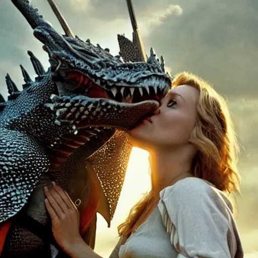 Image similar to a knight kissing a dragon. Amazing movie still.