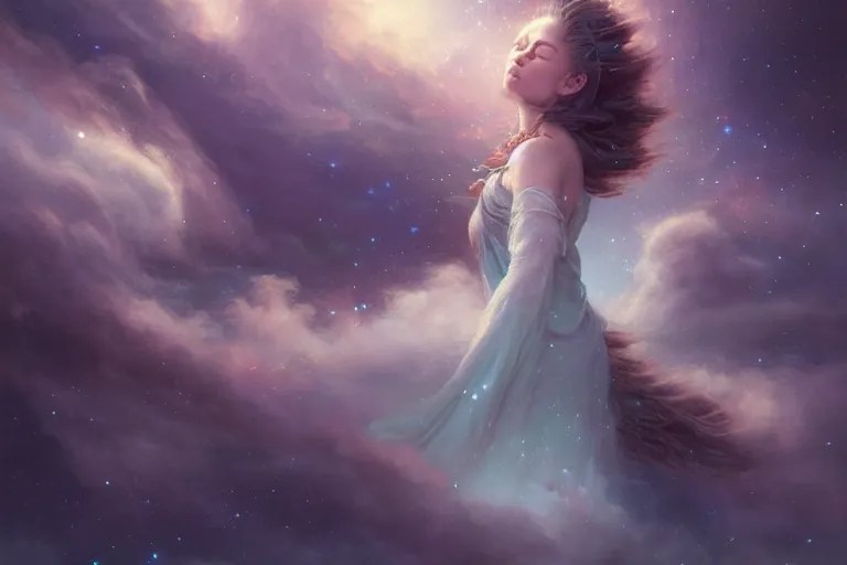 Image similar to a beautiful portrait of a cloud goddess with numerous tiny birds flying in the background and closed eyes, galaxy theme colors, galaxy theme colors, ultra realistic digital art by Greg Rutkowski and Raymond Swanland, Trending on Artstation, ultra realistic digital art, ultra realistic digital art