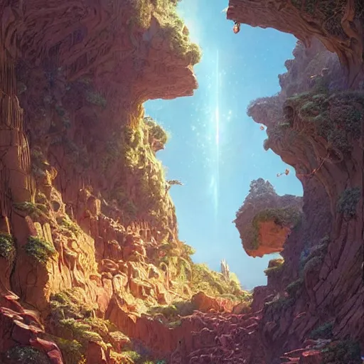 Image similar to quantum cavern walkway sacred fantasy nature photography airbush cinematic by arthur adams, moebius, wlop, james gurney, victo ngai, james christensen, greg rutkowski, john howe