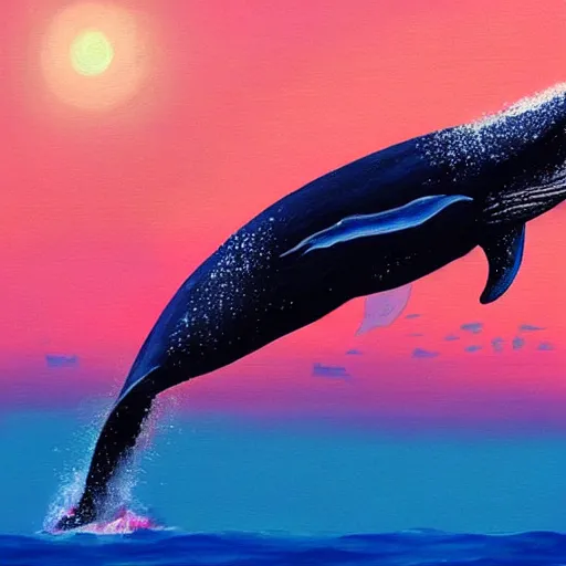 Prompt: a beautiful painting of a whale flying over Paris, Vaporwave