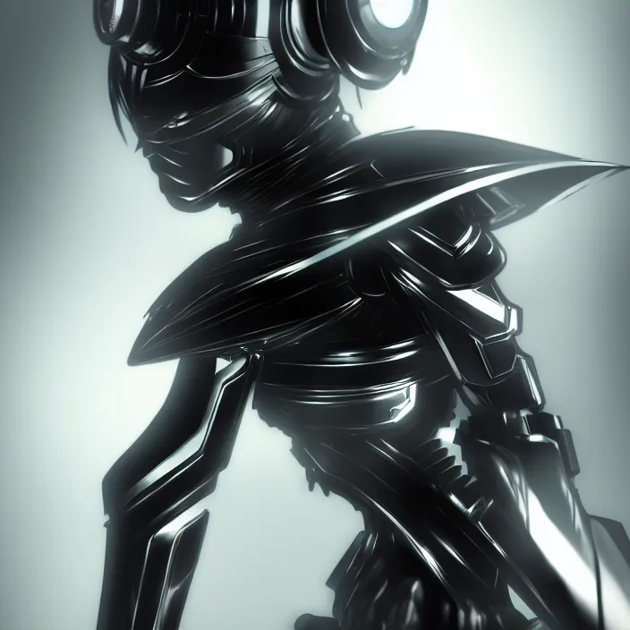 Image similar to a manga character in a futuristic room, black and shiny cyber armor, highly detailed, render, vray, octane, realistic lighting, by nihei tsutomu