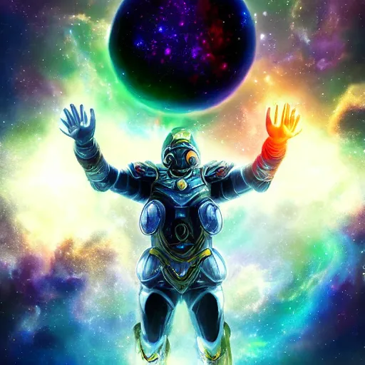 Prompt: photorealistic fantasy cosmic concept art of a cosmic god with armor made out of planets and dark matter, hovering in a unknown galaxy, fully body portrait, cinematic, dynamic lighting, ultra detailed, creative, trending on art station, creative