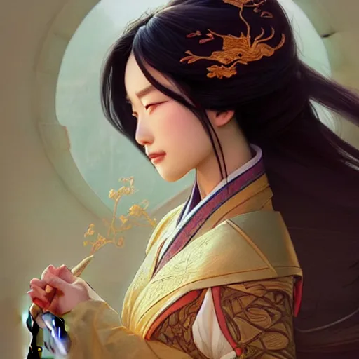 Image similar to Mulan, D&D, fantasy, intricate, elegant, highly detailed, digital painting, artstation, concept art, matte, sharp focus, illustration, art by Artgerm and Greg Rutkowski and Alphonse Mucha