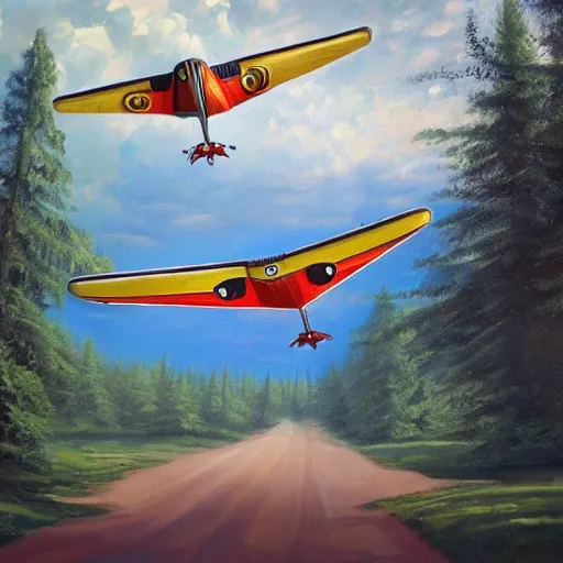 Prompt: a [ 5 0 s bus infused with airplane wings ] flies above a forest and lake, [ oil painting ]!!, trending on cgsociety, 4 k