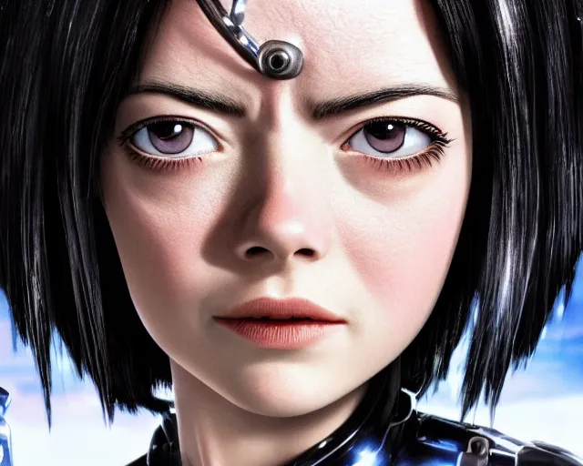 Image similar to a film still from battle angel alita played by actress emma stone, portrait, beautiful, cinematic lighting, photorealistic, hyperrealistic, highly detailed, close - up, high resolution, 4 k