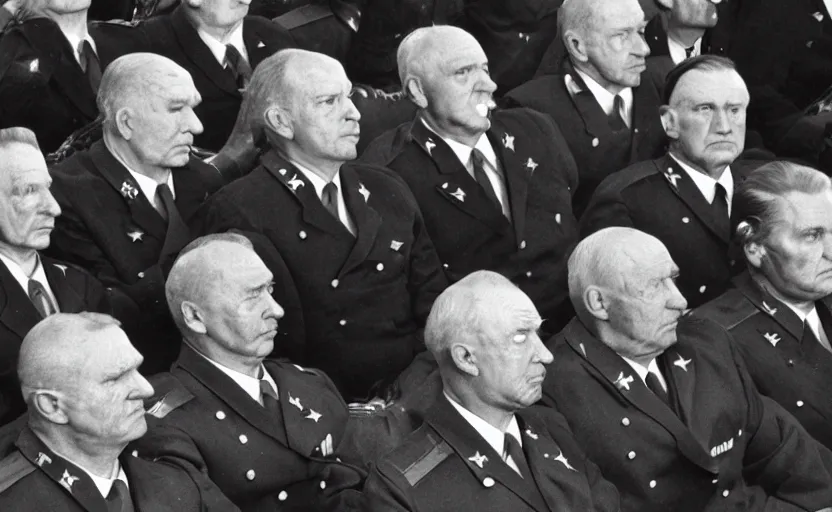 Image similar to 50s movie still of very diverse soviet generals head with very detailed faces in a stalinist parlement, by Alexei Guerman, Cinestill 800t 35mm black and white, heavy grainy picture, very detailed, high quality, 4k, HD criterion, precise texture, diversity of faces