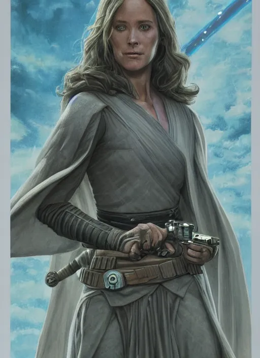 Image similar to movie poster by iain mccaig and magali villeneuve, a beautiful woman jedi master, symetrical face. highly detailed. star wars expanded universe, she is about 2 0 years old, wearing jedi robes. star destroyer