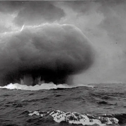 Prompt: giant anomalous creature in the middle of a violent stormy ocean, 1910s photograph
