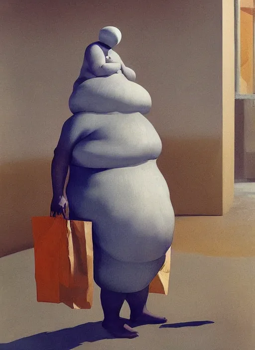 Prompt: large fat man in dress made from plastic bag with paper bags for clothes standing inside paper bags with paper bag over the head at store display Edward Hopper and James Gilleard, Zdzislaw Beksinski, highly detailed