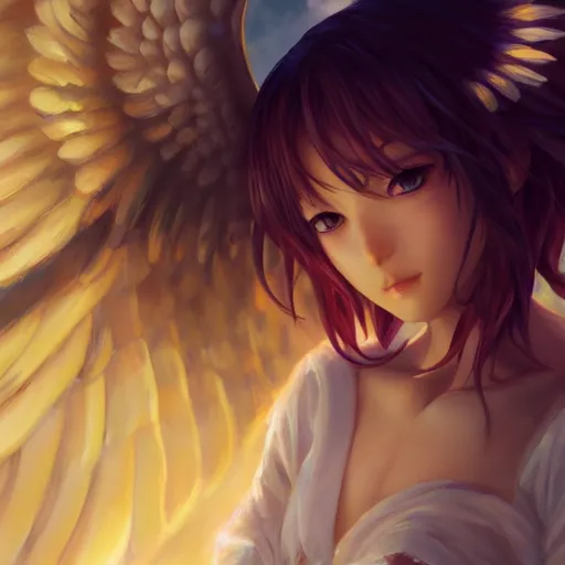 Image similar to an oil painting of a beautiful anime girl with angel wings, by artgerm, wlop and greg rutkowski, hd, hdr, ue 5, ue 6, unreal engine 5, cinematic 4 k wallpaper, 8 k, ultra detailed, high resolution, artstation, award winning