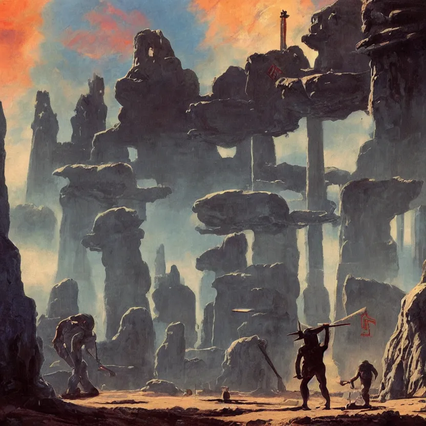 Image similar to a baseball field with ancient monoliths with glowing runes. highly detailed science fiction painting by daniel romanovsky, frank frazetta, and syd mead. rich colors, high contrast, gloomy atmosphere, dark background.