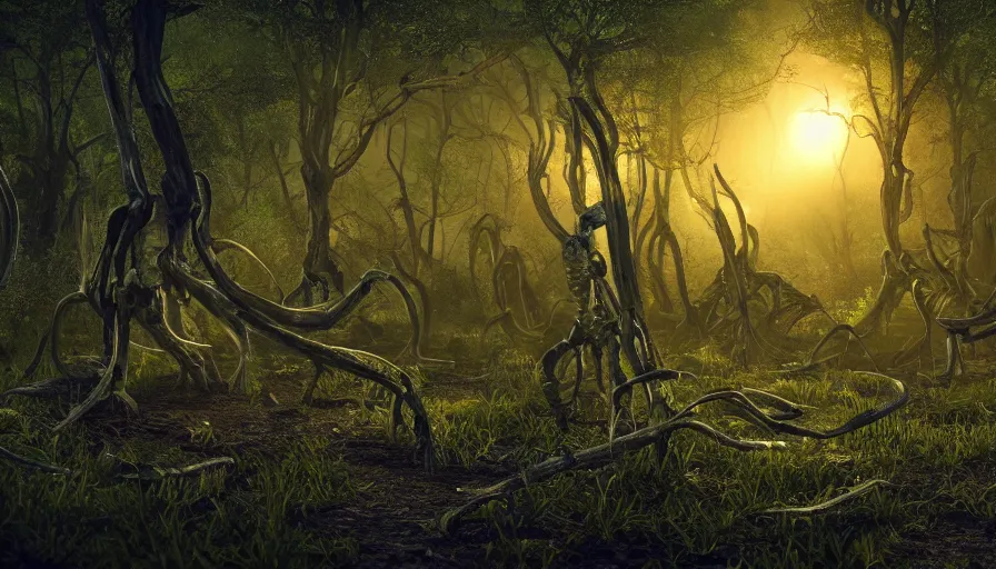 Image similar to hyper realistic highly detailed nature photography of skeleton wraiths in a bioluminescent grove with heavy vegetation, prehistoric planet, volumetric lighting, octane render, 4 k resolution, golden hour