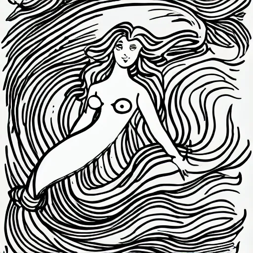 Image similar to Drawing of a mermaid in the sea, drawing for children, drawn with a black line and without filling, clean and defined line.
