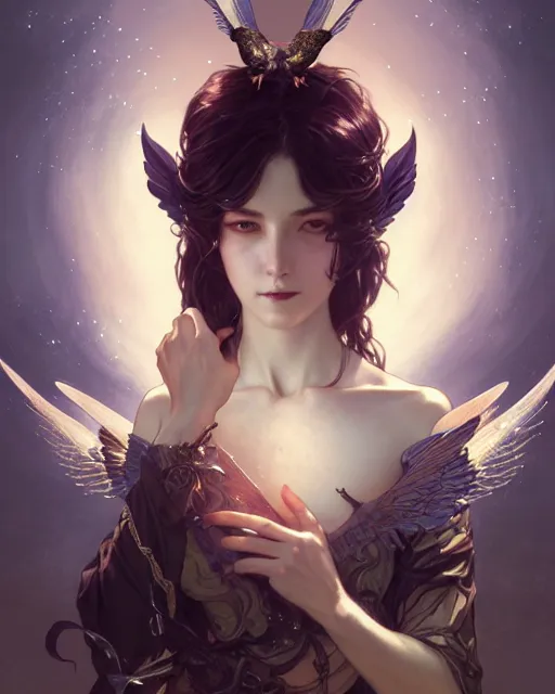 Prompt: portrait of a woman with wings, pixie character, genshin impact, fantasy magic, dark light night, intricate, elegant, sharp focus, illustration, highly detailed, concept art, matte, art by wlop and artgerm and greg rutkowski and alphonse mucha and kidmo, anime, trending on artstation