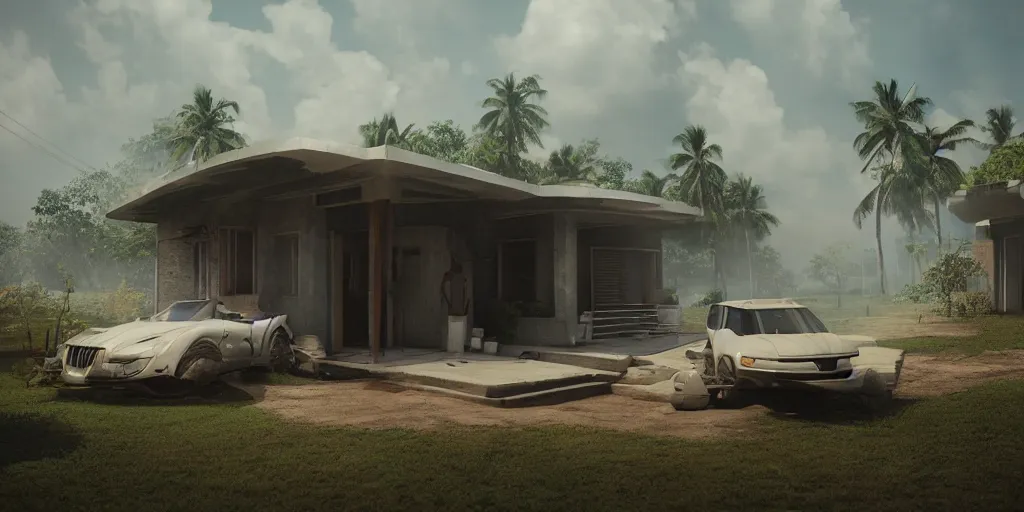 Image similar to a spaceship parked infront of a house in a kerala village, diffuse light, octane render, 4k, matte painting, cinematic