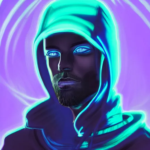 Prompt: a portrait of an ultradetailed futuristic male cyberpunk wearing a hoodie on his head, bearded, deep blue eyes, by dylan kowalski, 8 k, purple neon colours, digital painting