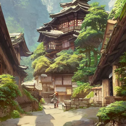 Image similar to concept art painting of a cozy village in a mountainous forested valley, historic european and japanese architecture, realistic, detailed, cel shaded, in the style of makoto shinkai and greg rutkowski and james gurney