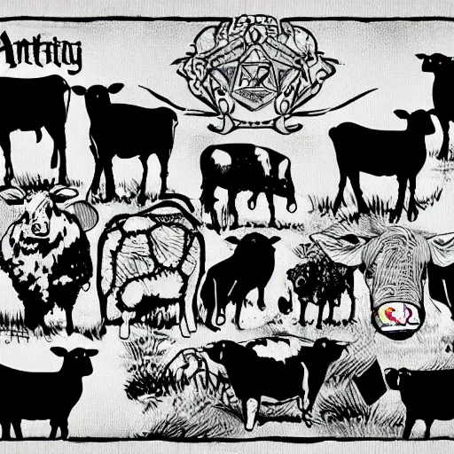 Image similar to antichrist, cow, pig, sheep, chicken, white on black vector ink drawing